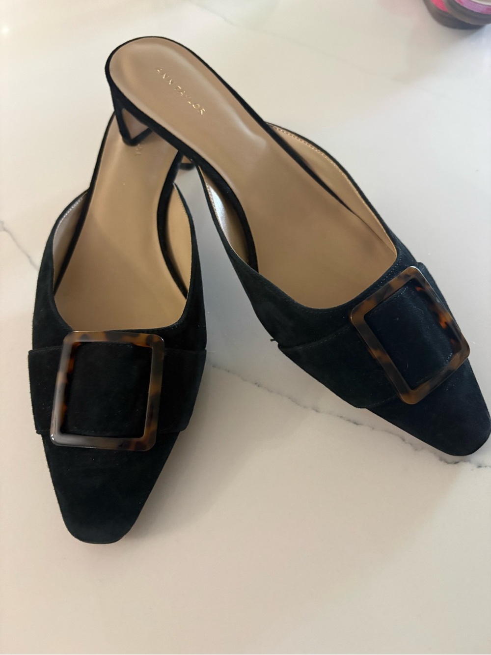 Black Suede Tortoise Shell Buckle Mules - Ann Taylor